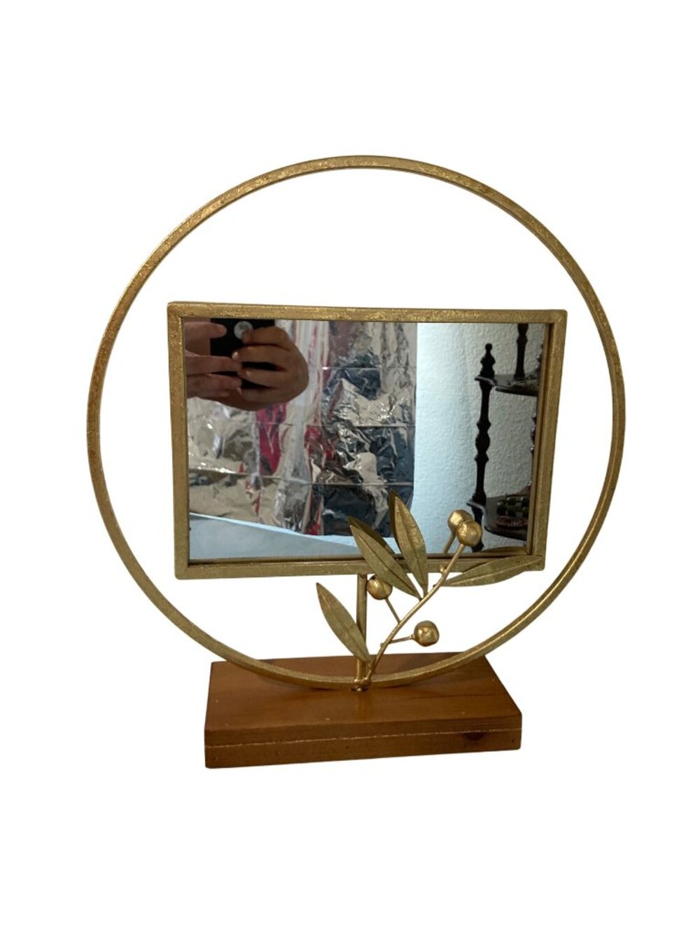Gold Tone Olive Leaf Branch Mirror On Wood Base